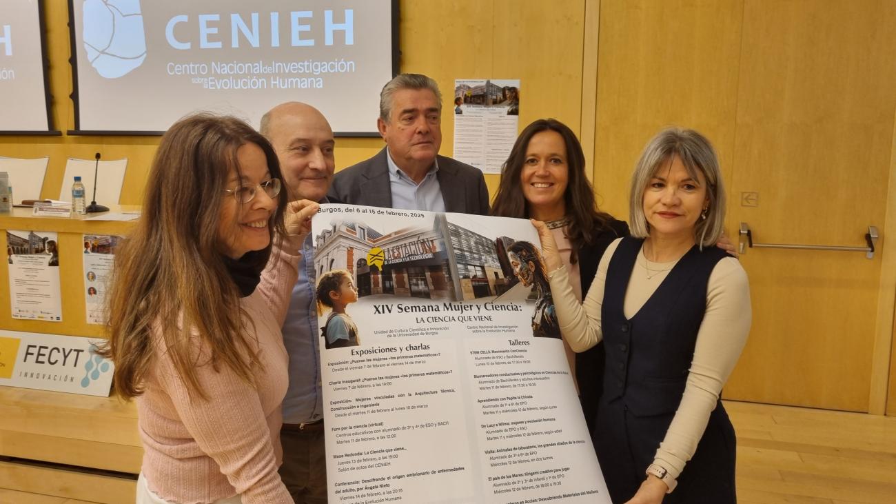 María Martinón Torres, directora del CENIEH, Jordi Rovira, delegado para la Divulgación y Cultura Investigadora de la UBU; José María del Olmo Arce, alcalde del Ayuntamiento de Merindad de Río Ubierna; Chitina Moreno-Torres Rodríguez-Contreras, responsable de la UCC+I del CENIEH y Mª Isabel Soto Muñoz de la UCC+I de la UBU han explicado a los medios de comunicación las actividades de esta Semana,