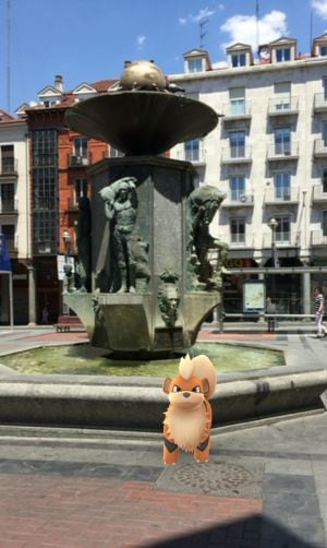 Captura del Pokémon Growlithe en la Plaza de Fuente Dorada