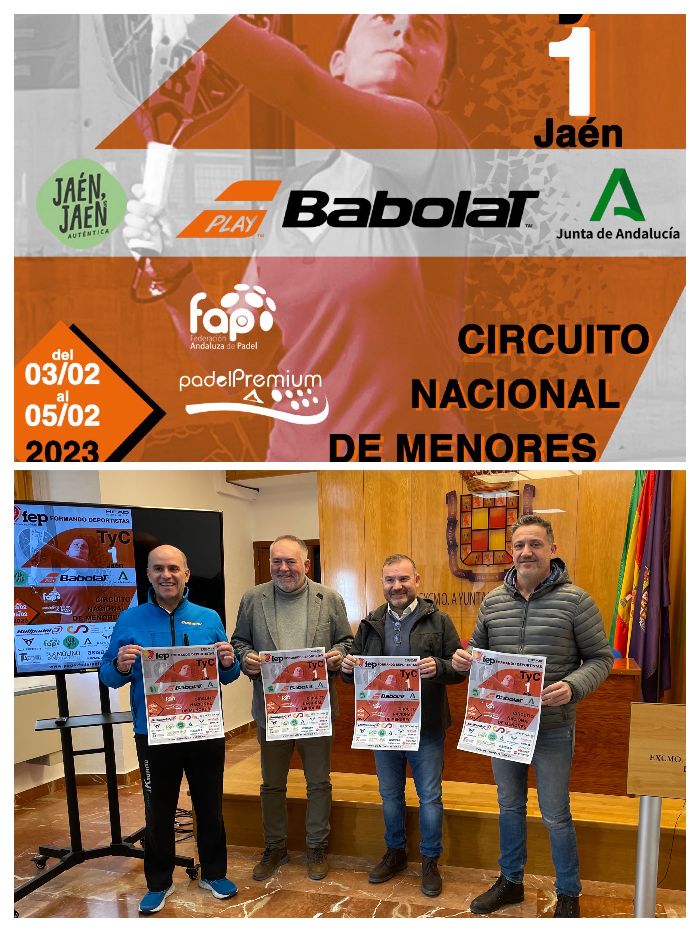 El cartel anunciador de la prueba y sus patrocinadores junto al concejal de deportes y el delegado provincial de la federación andaluza de pádel