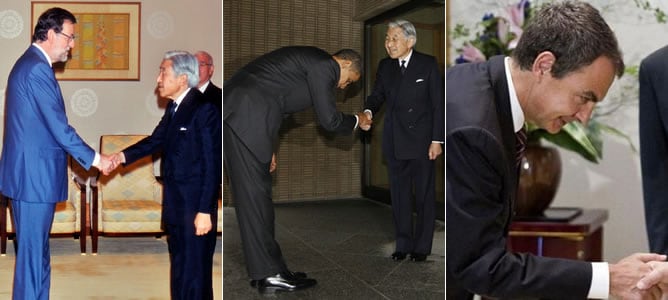 Rajoy, Obama y Zapatero saludando al emperador Akihito