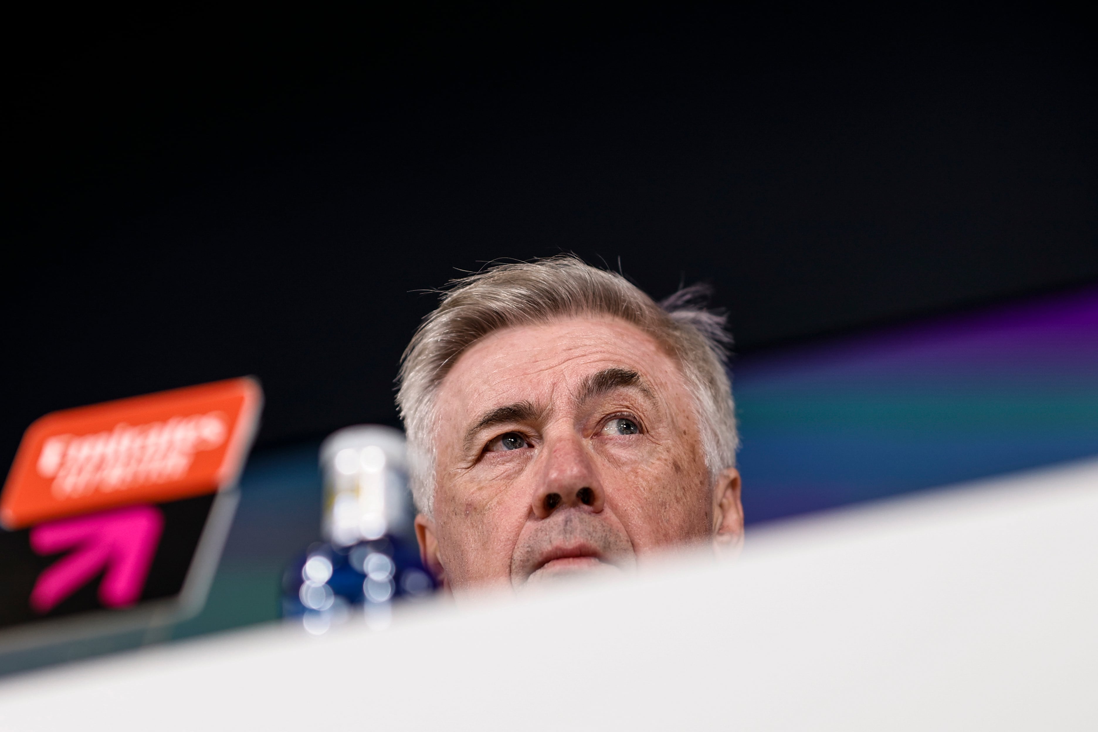 El técnico del Real Madrid, Carlo Ancelotti, durante la rueda de prensa previa al derbi de Copa ante el Atlético de Madrid