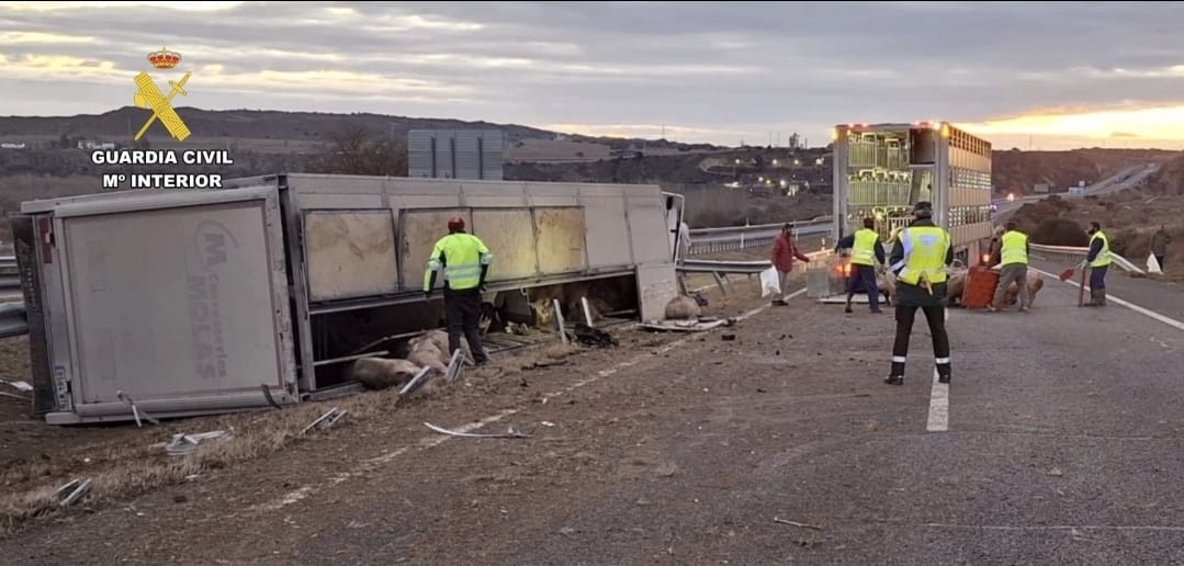 Situación en la que ha quedado la A-22 tras el vuelco del camión articulado cargado de cerdos