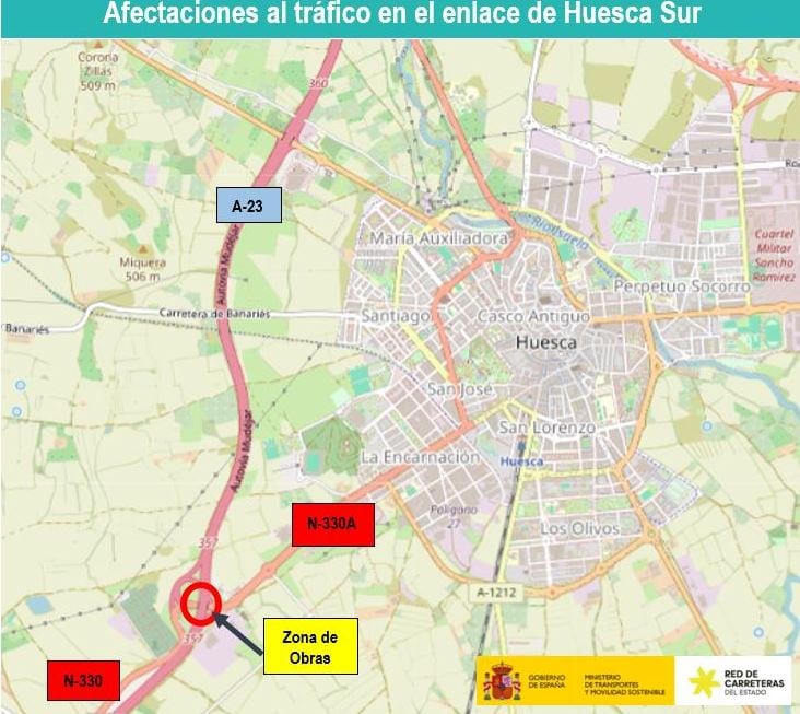 Afectaciones al tráfico en el enlace de Huesca Sur