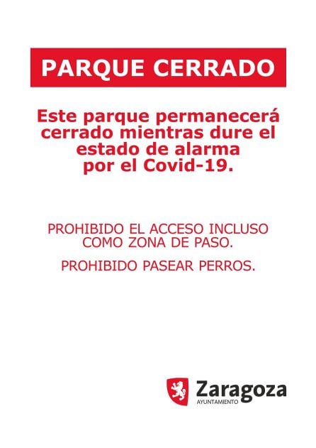 Cartel anunciando el cierre de los parques de Zaragoza