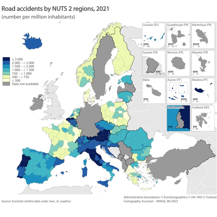 Número de accidentes de tráfico por millón de habitantes en la UE en 2021