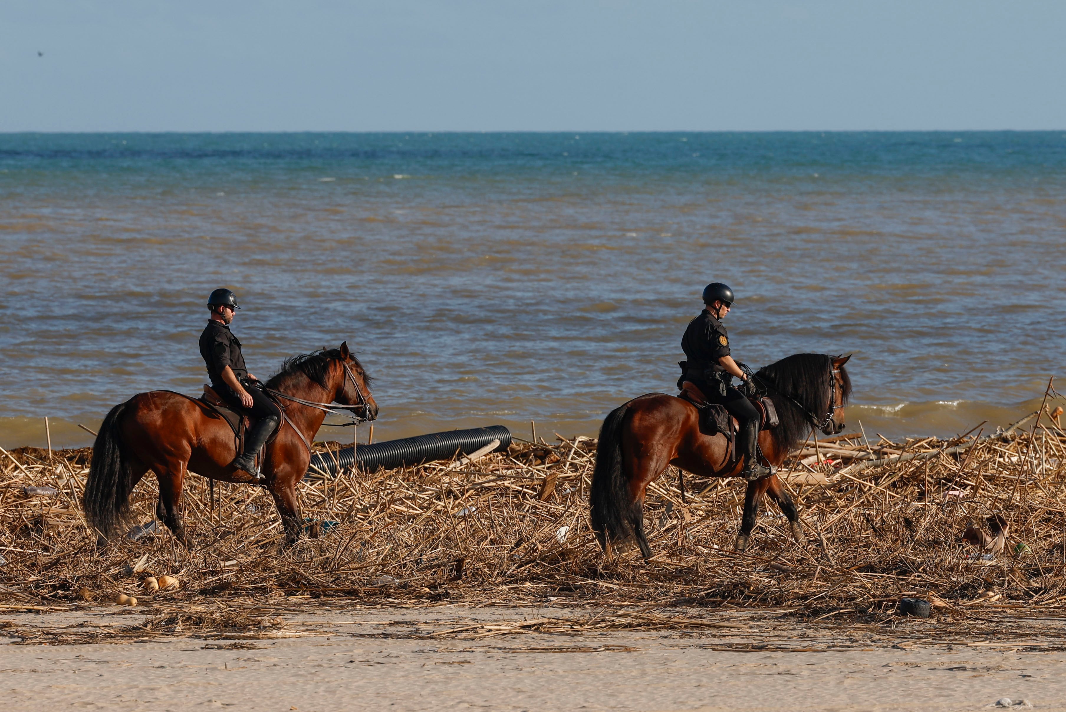 VALENCIA, 07/11/2024.- Policía a caballo en la playa de Pinedo de El Saler, en Valencia,