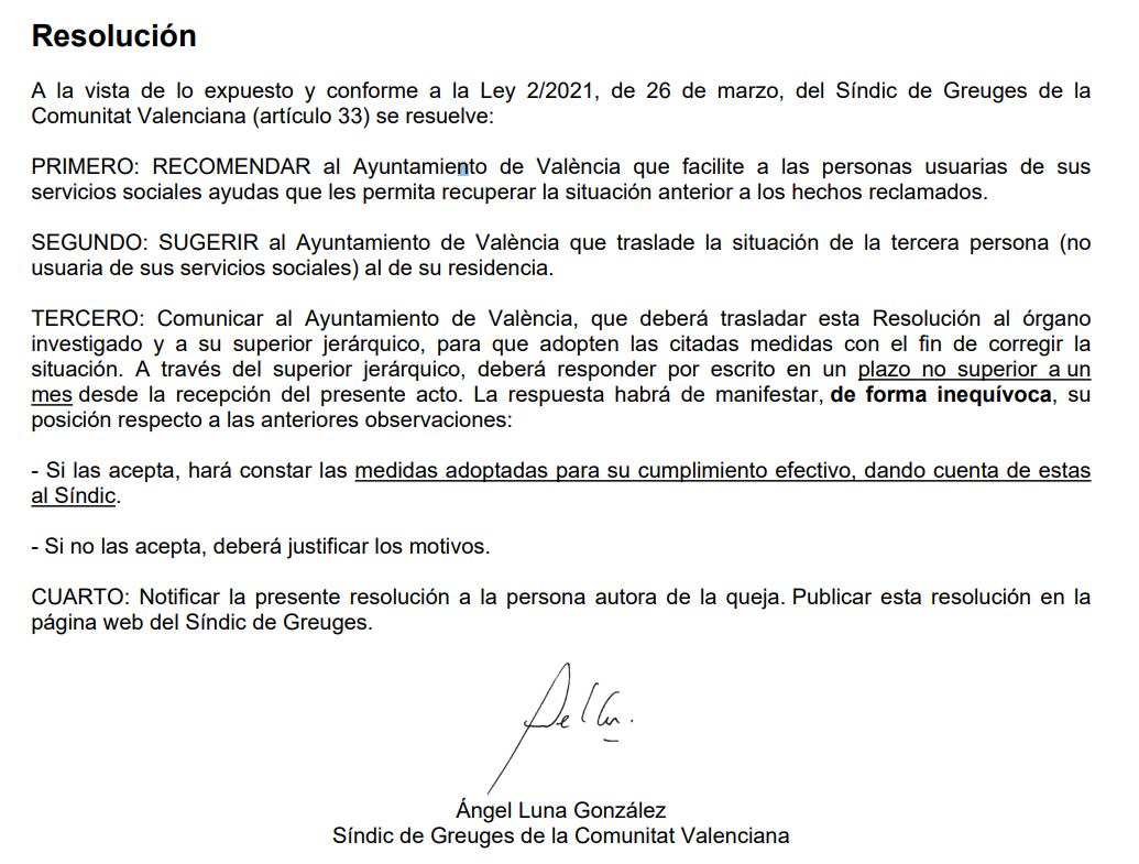 El Síndic de Greuges pide al Ayuntamiento de València que compense a las tres personas sin hogar que denunciaron a la Policía Local por tirar sus pertenencias