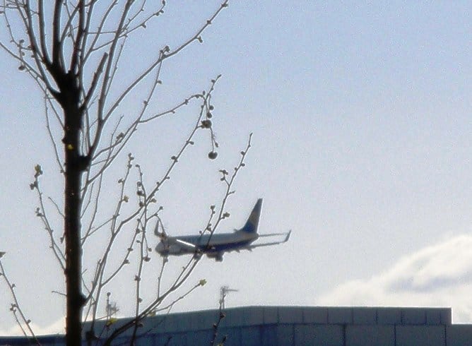 Imagen de un avión sobrevolando a muy baja altura el barrio de Patraix