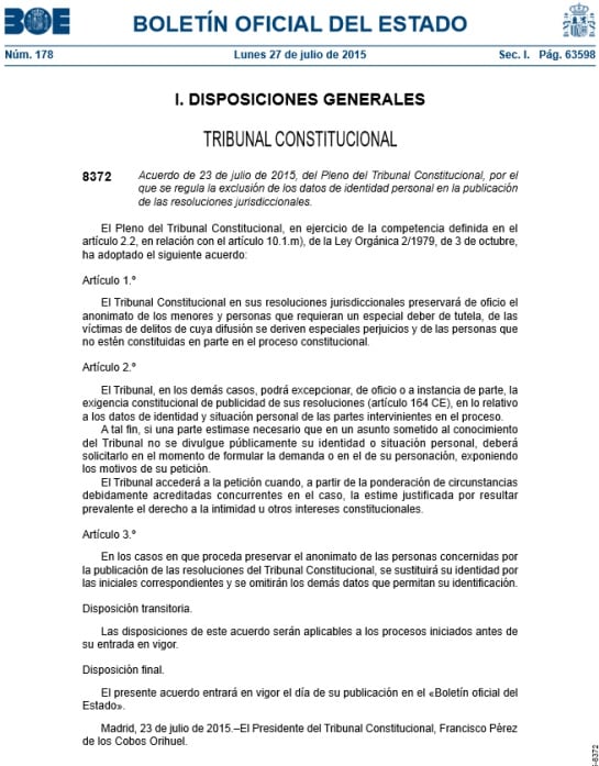Acuerdo del Pleno del Tribunal Constitucional, por el que se regula la exclusión de los datos de identidad personal en la publicación de las resoluciones jurisdiccionales