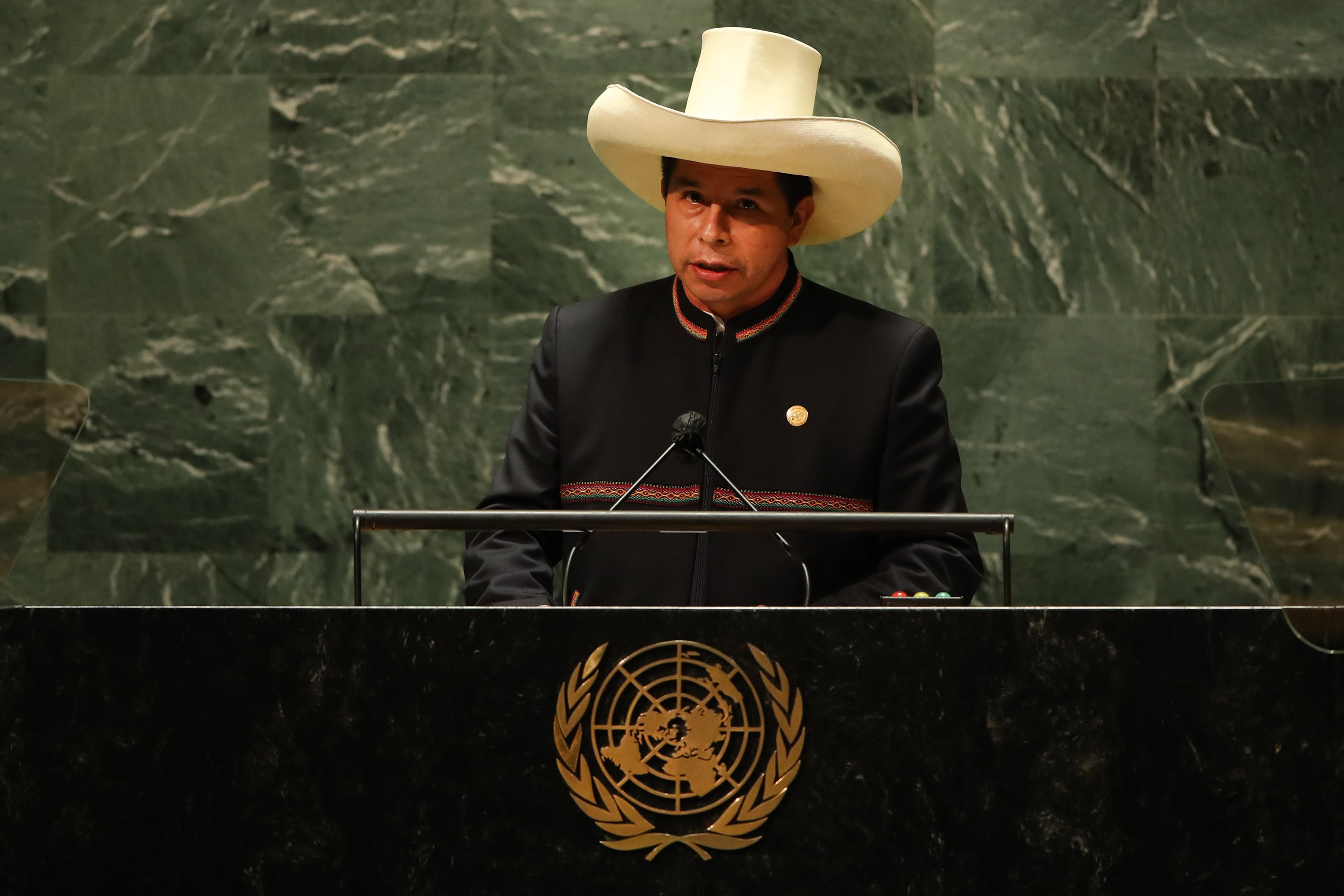 El expresidente de Perú, Pedro Castillo, durante su intervención en la Asamblea de las Naciones Unidas, celebrada el 21 de septiembre de 2021 en Nueva York