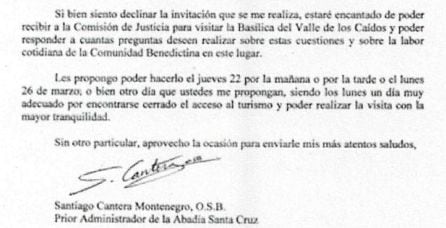 Carta remitida por el prior del Valle de Los Caídos al Senado.