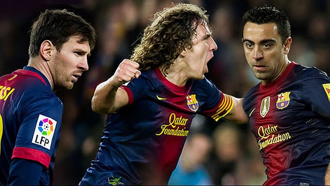 Imagen publicada por la web del Barcelona con Messi, Puyol y Xavi en la que anuncian la renovación de los tres