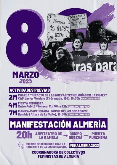Colectivos feministas de Almería inician sus marchas por el 8M este martes con la 'Noche de las comadres'.