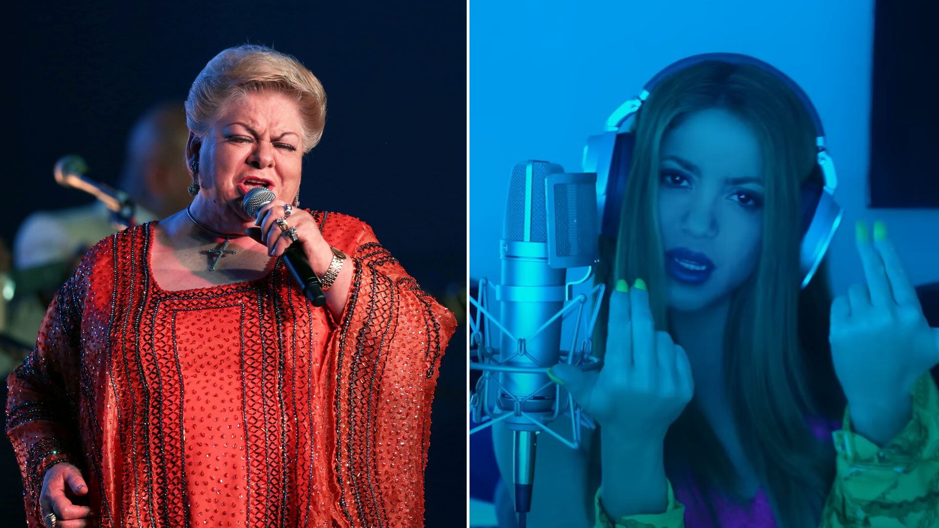 Las cantantes Paquita la del barrio (i) y Shakira (d).