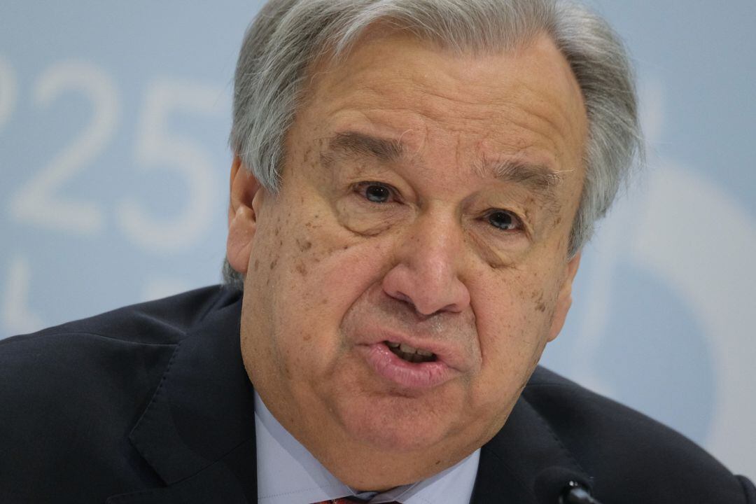 El secretario general de la ONU, Antonio Guterres, durante la rueda de prensa en Madrid de presentación de la COP25.