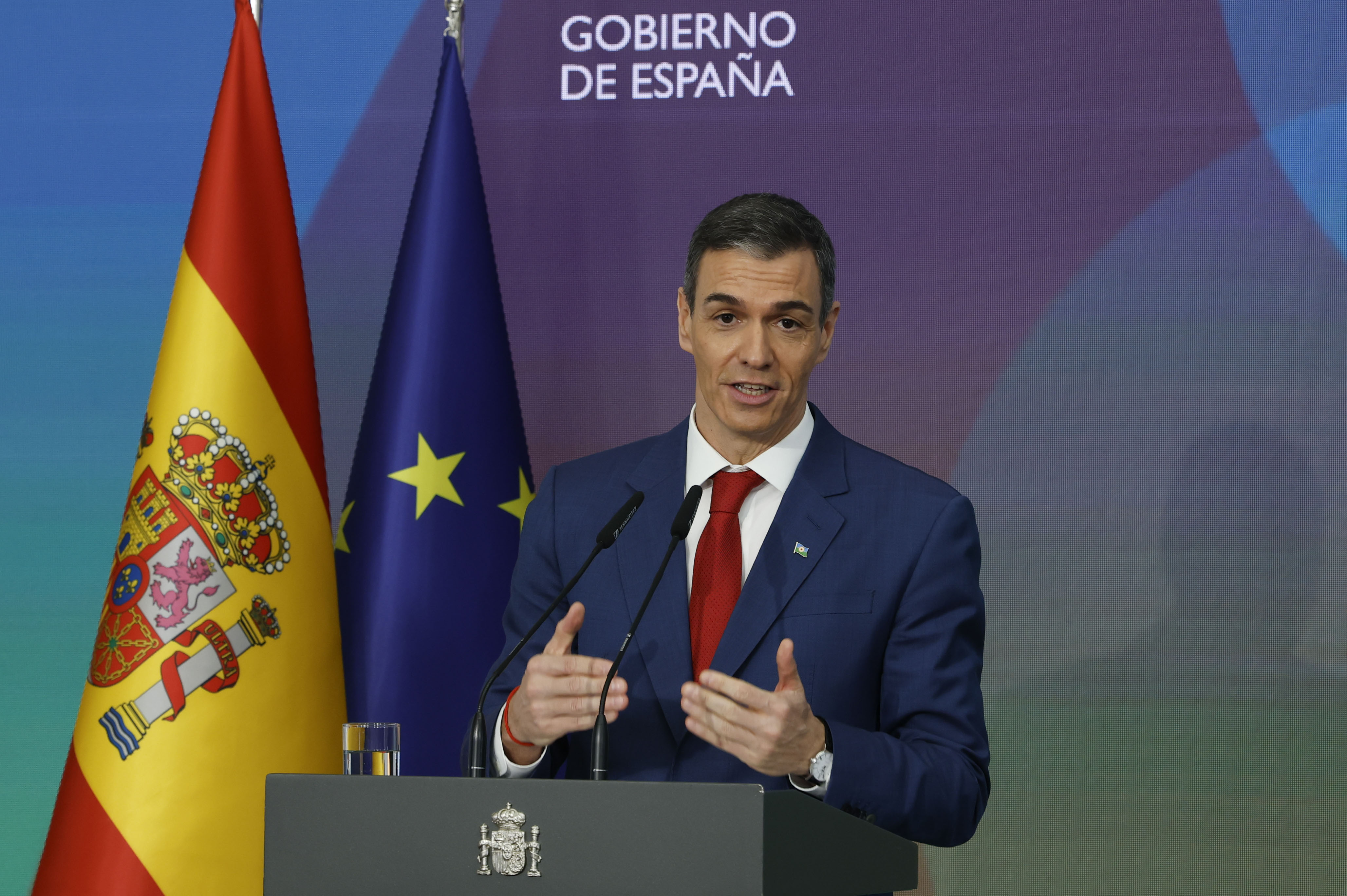 El presidente del Gobierno, Pedro Sánchez, durante el acto de homenaje al pueblo gitano, celebrado en La Moncloa