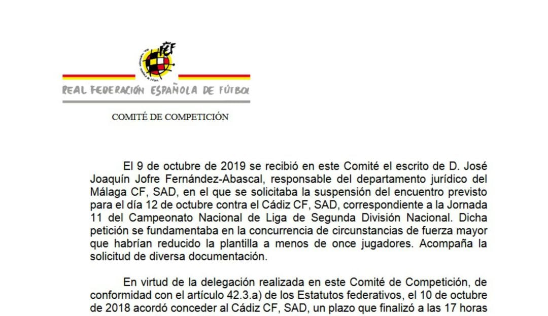 Captura del documento donde la RFEF denegaba la petición del Málaga