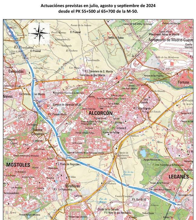 Mapa en el que se señala el tramo que va a estar con obras en la M-50