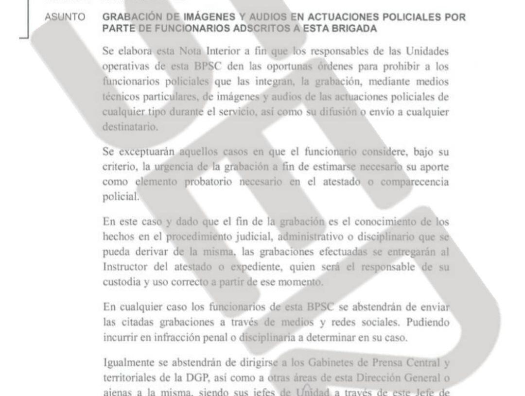 Orden interna a la que ha tenido acceso la SER.