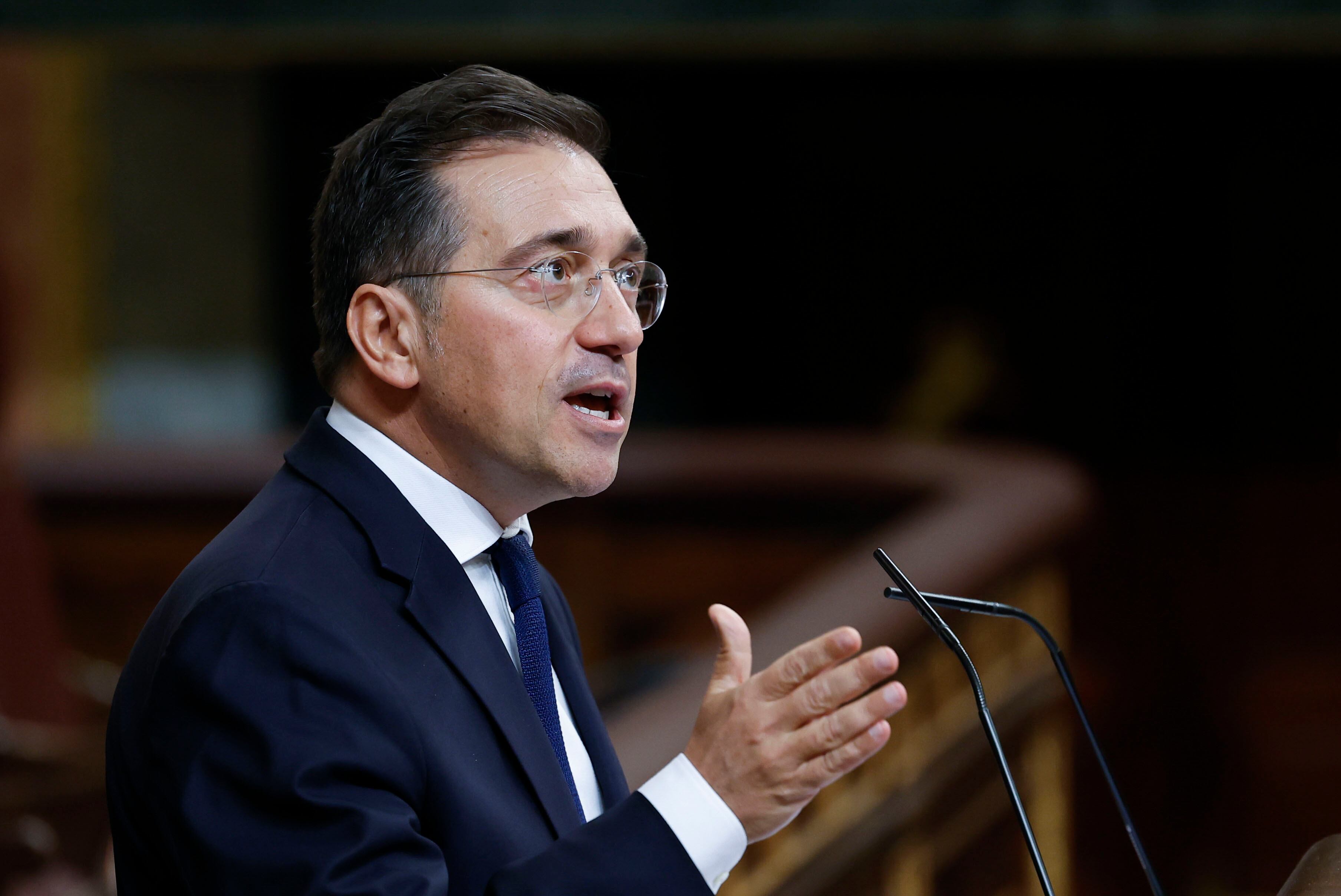 MADRID, 08/10/2025.- El ministro de Asuntos Exteriores, Unión Europea y Cooperación, José Manuel Albares durante intervención en el pleno posterior a la sesión de control al gobierno celebrada este miércoles en el Congreso. EFE/Chema Moya
