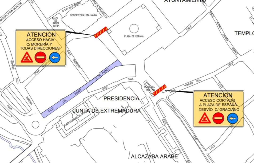 Plano de los cortes de tráfico por las obras de la calle el Puente