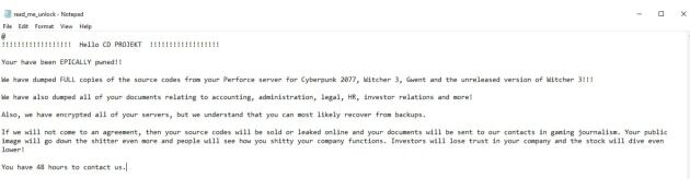 Captura de pantalla del mensaje enviado por los hackers a CD Projekt RED
