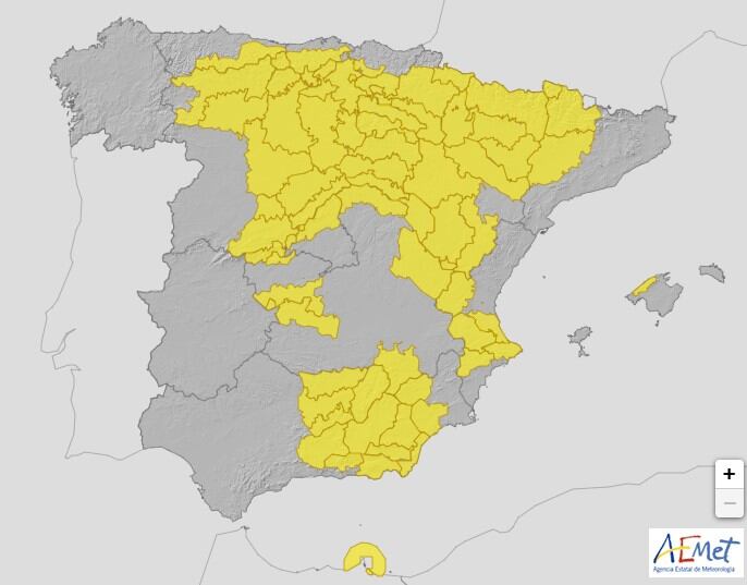 29 provincias repartidas por 10 comunidades autónomas están este miércoles bajo aviso amarillo por lluvias y/o tormentas.
