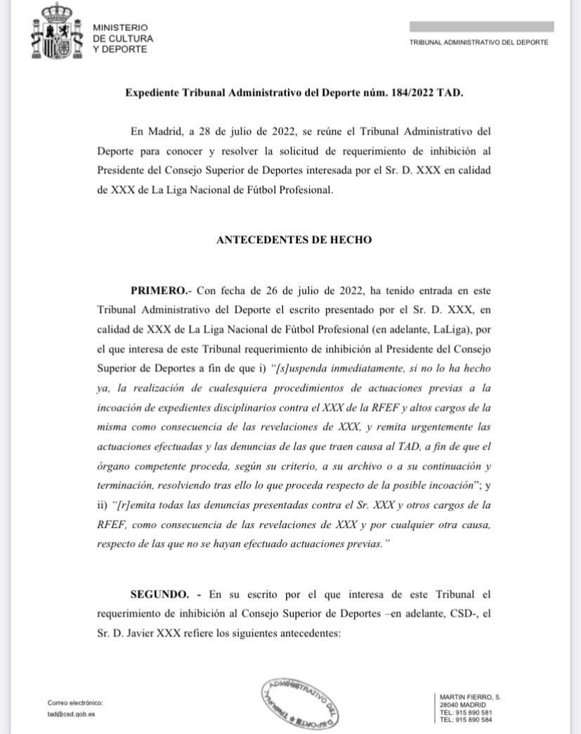 Expediente de uno de los asuntos que el Tribunal Administrativo del Deporte sí ha tenido tiempo de abordar este verano