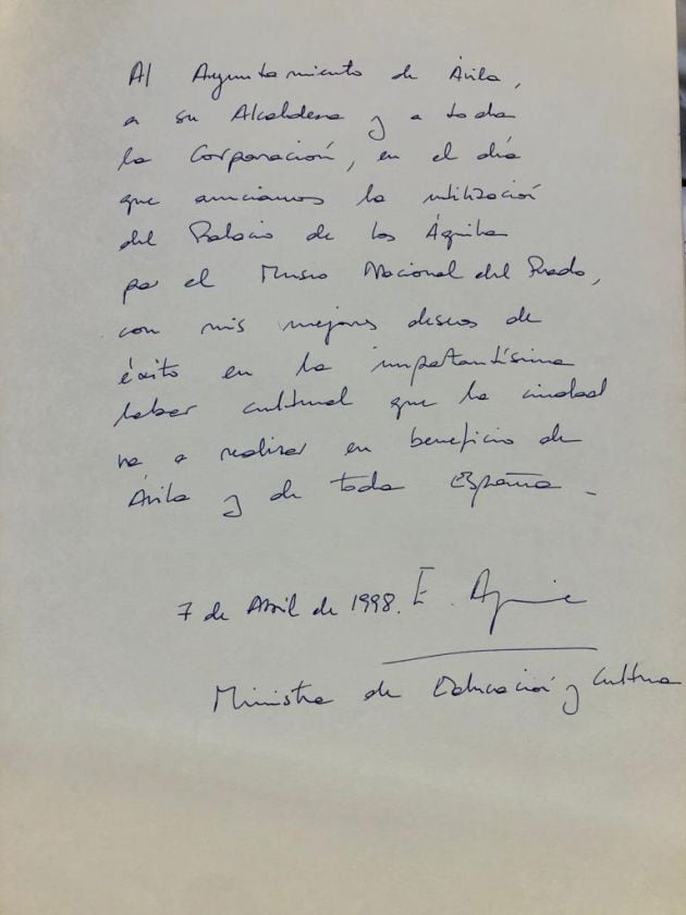 Mensaje de la ex ministra de Educación y Cultura, Esperanza Aguirre, sobre el proyecto del Palacio de los Águila en 1998