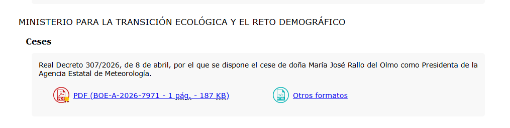 El BOE anuncia el cese de María José Rallo como presidenta de la AEMET / BOE
