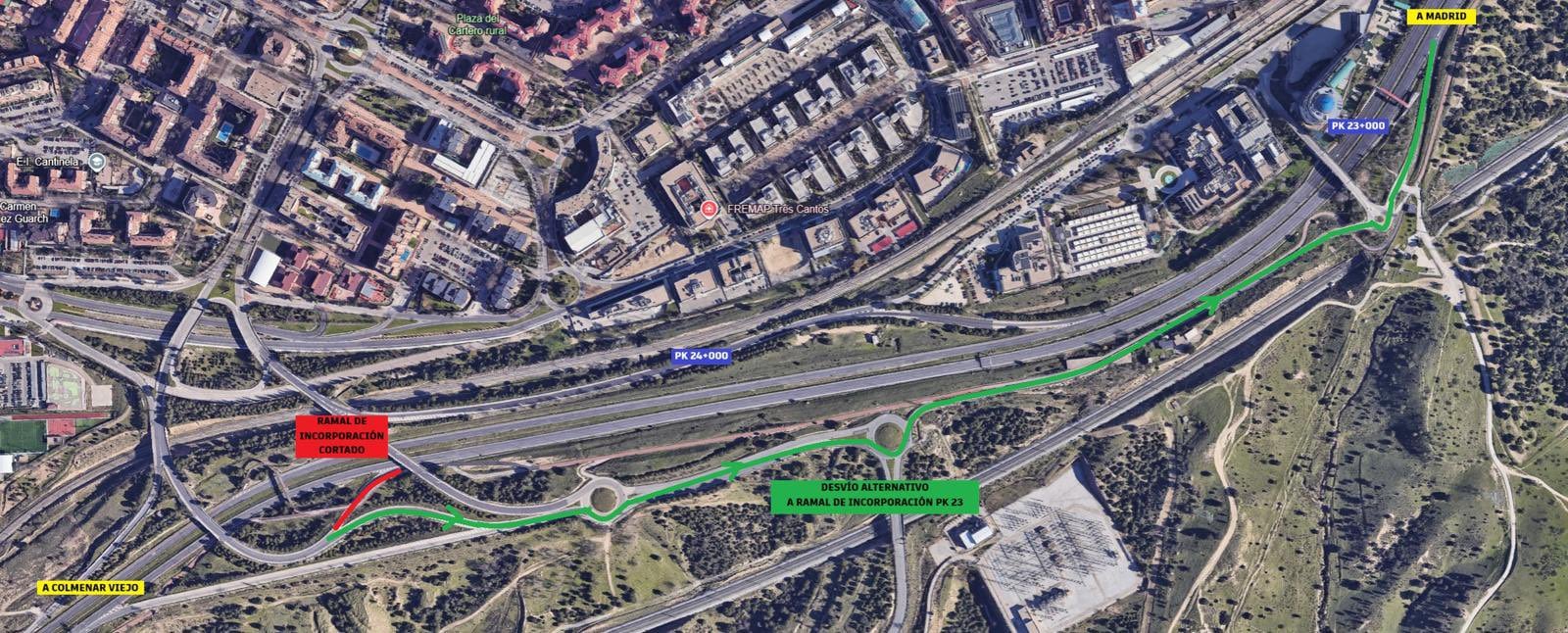 Mapa del corte del ramal y alternativa de la salida de Tres Cantos a la M-607 sentido Madrid