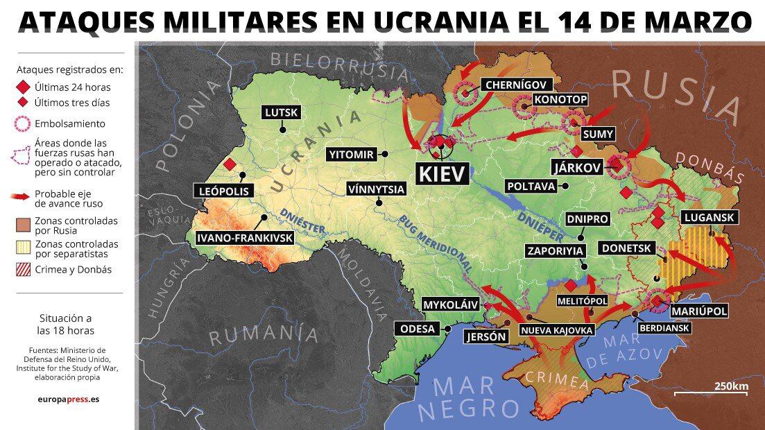 Mapa con ataques militares en Ucrania el 14 de marzo de 2022 (estado a las 18 horas). Al menos una persona ha muerto y más de diez han resultado heridas este lunes por el impacto de un proyectil contra un edificio de apartamentos en la capital de Ucrania, Kiev, en un ataque achacado a las fuerzas rusas, según las autoridades ucranianas.
14 MARZO 2022
Europa Press
14/03/2022