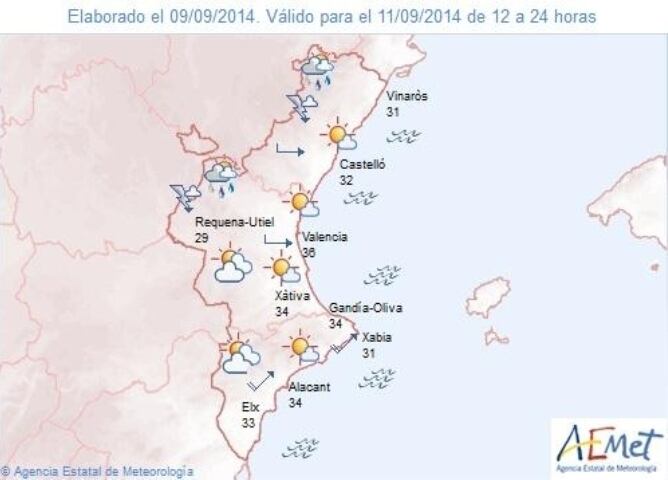 Mapa de temperaturas de AEMET para el jueves 11 de septiembre