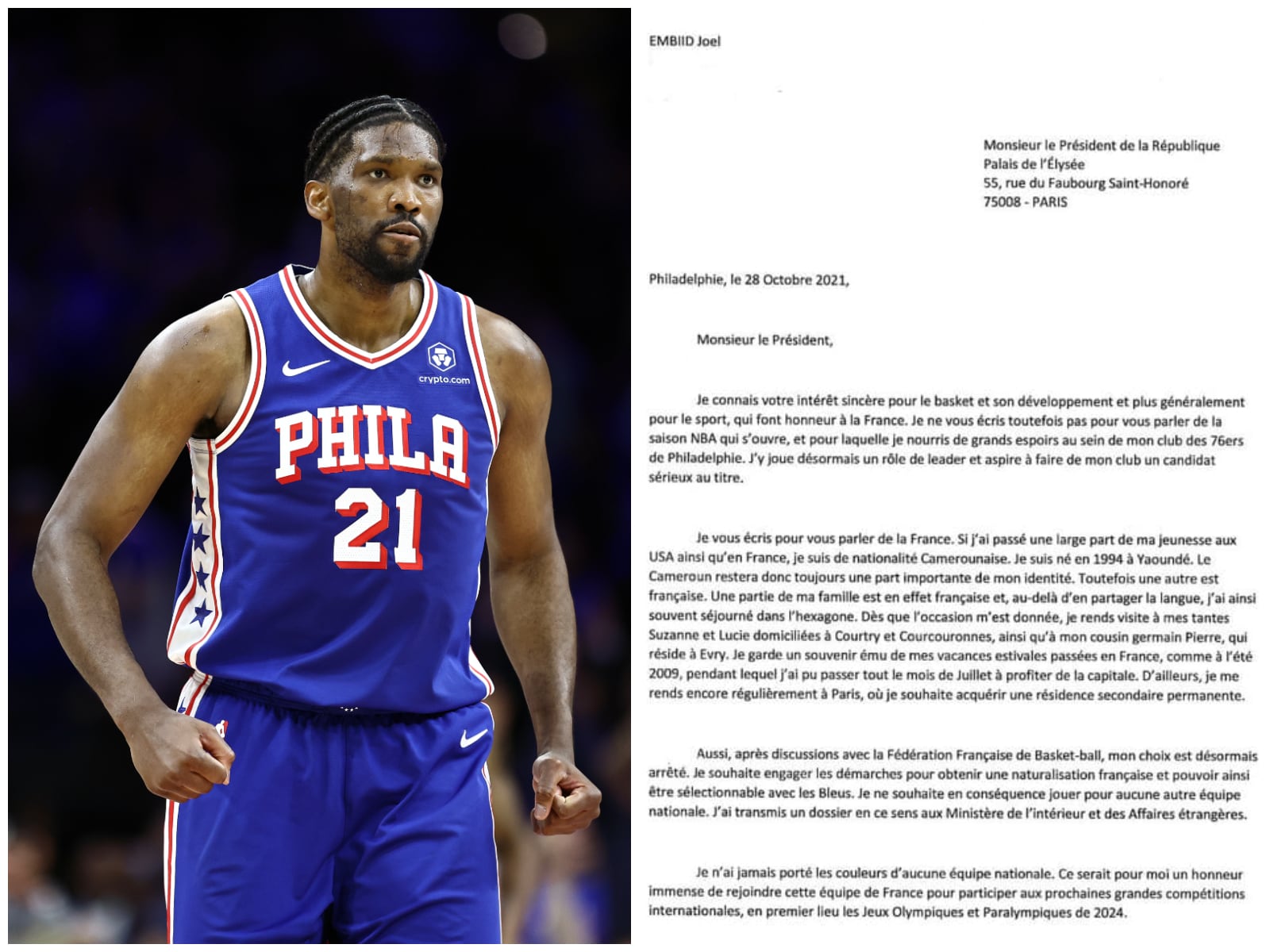 Joel Embiid y su carta dirigida a Emmanuel Macron