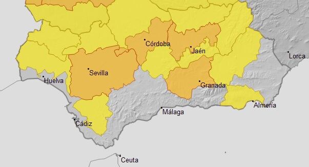Mapa de Andalucía con las alertas por calor de la Agencia Estatal de Meteorología para este 31 de julio