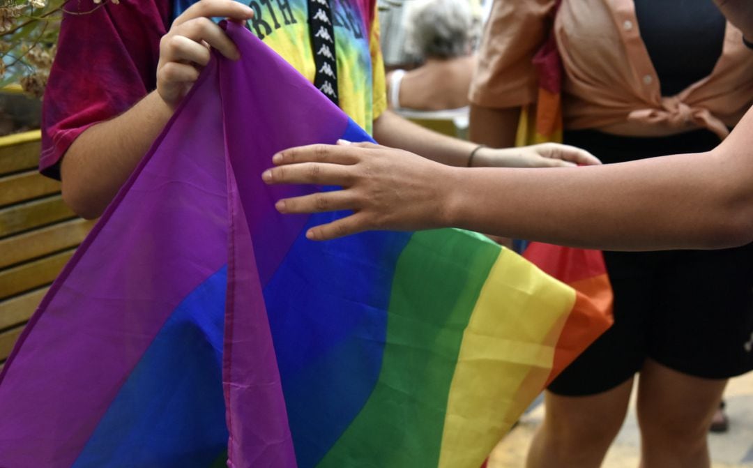 Dos chicos sostienen la bandera LGTBI