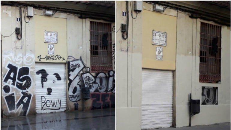 Antes y después de la limpieza de pintadas en Ciutat Vella