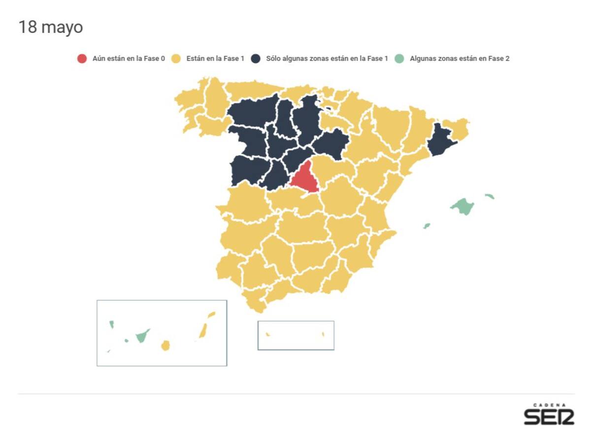 Estas son las provincias que pasan a fase 1 y fase 2 de la desescalada el lunes 18 de mayo