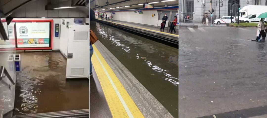 Imágenes de varias estaciones del Metro de Madrid inundadas. 