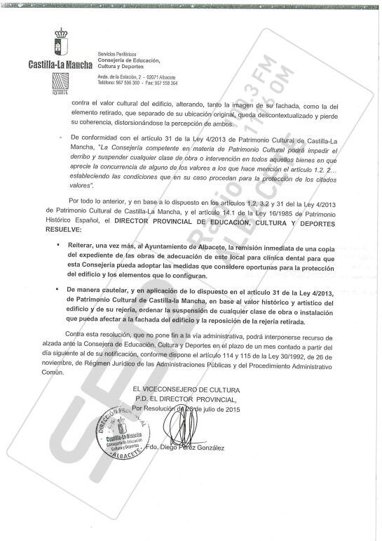 Extracto del informe de la Dirección Provincial de Educación, Cultura y Deporte