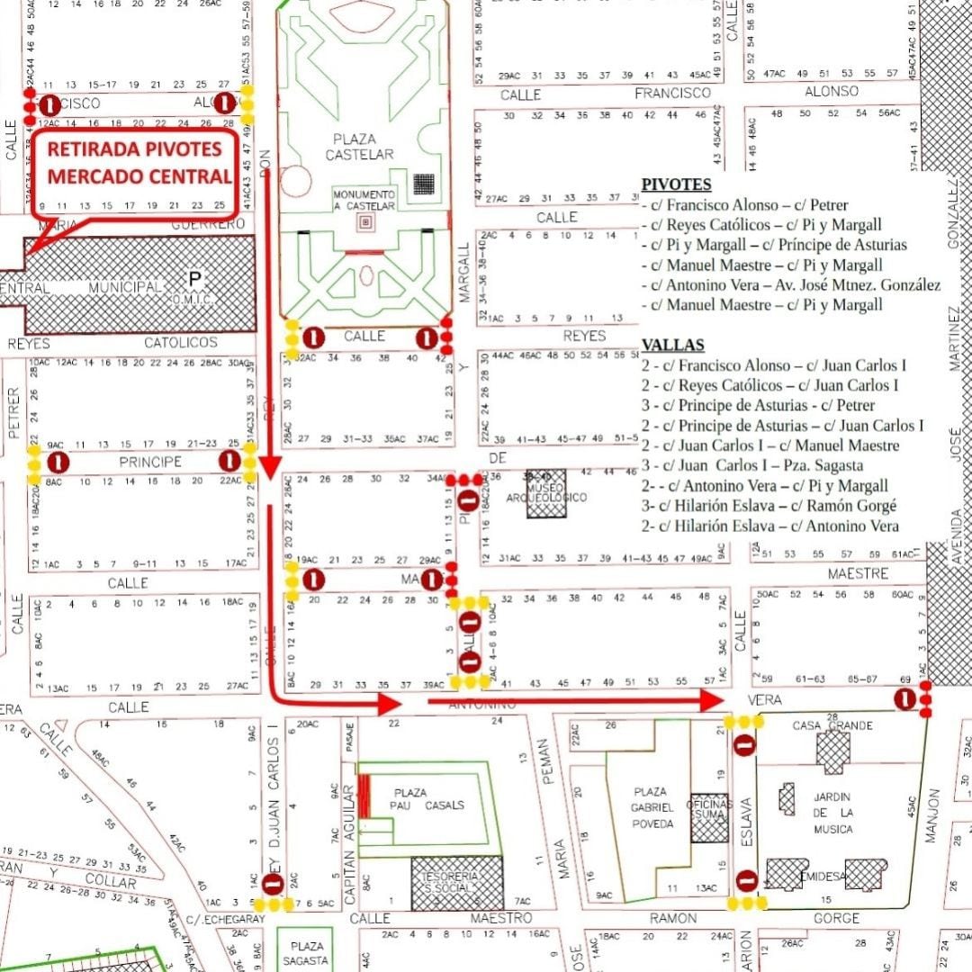 Plano de las calles cortadas al tráfico en Elda 
