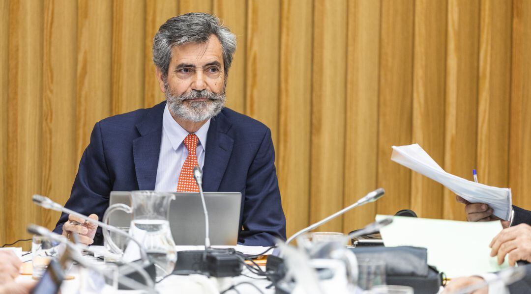 El presidente del Consejo General del Poder Judicial y del Tribunal Supremo (CGPJ), Carlos Lesmes durante el pleno del Consejo General del Poder Judicial.