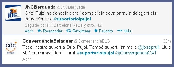 Tuits en defensa de Oriol Pujol siguiento el hastag #SuportOriolPujol (apoyo Oriol Pujol)