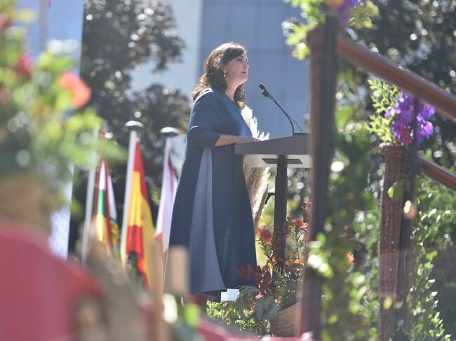 La presidenta de La Rioja, Concha Andreu, en el acto institucional del pisado de la uva y la ofrenda del primer mosto.