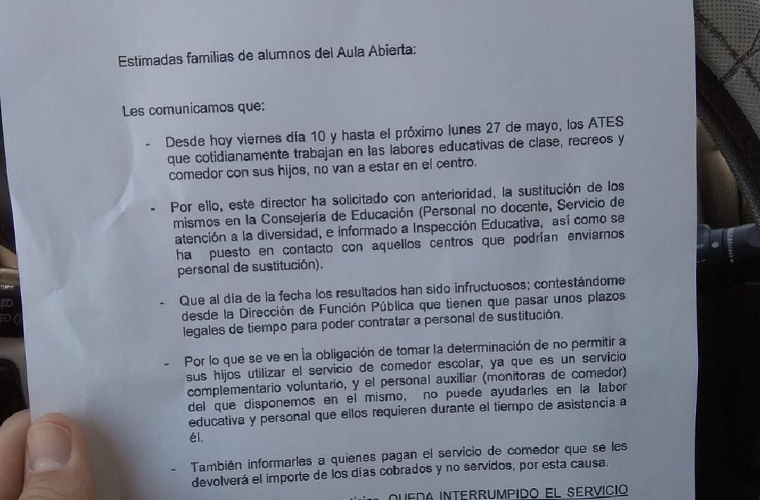 Detalle de la nota informativa entregada a los padres afectados