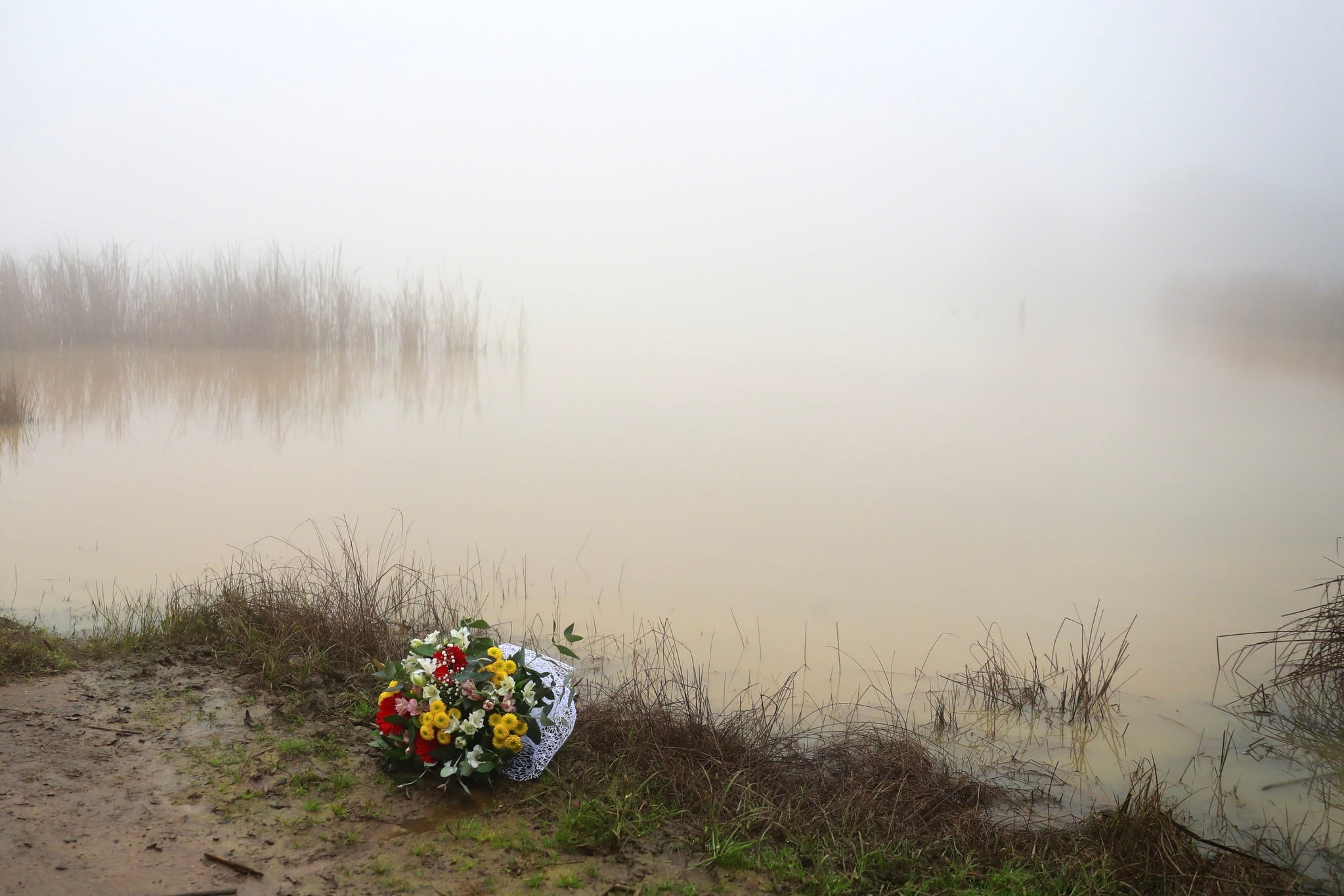 Flores depositadas por la ministra de Defensa Margarita Robles, en el lago de la Base de Cerro Muriano donde murieron ahogados dos militares el 21 de diciembre