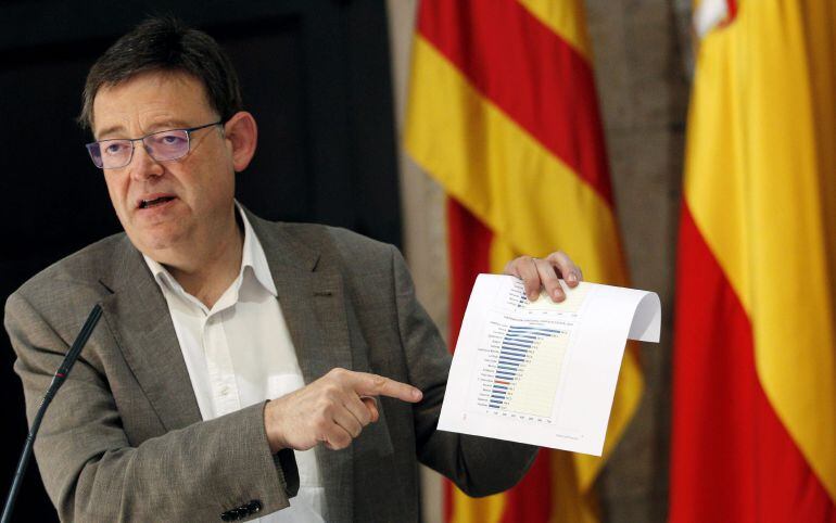 GRA144. VALENCIA (COMUNIDAD VALENCIANA), 04/08/2015.- El president de la Generalitat, Ximo Puig, durante la comparecencia ante los medios en el Palau de la Generalitat para hacer un primer balance &quot;de urgencia&quot; del proyecto presupuestario presentado hoy por el Ministerio de Hacienda y ha añadido que en los años de gobierno de Mariano Rajoy, la Comunitat ha dejado de recibir 2.000 millones de euros en inversiones. EFE/Kai Försterling