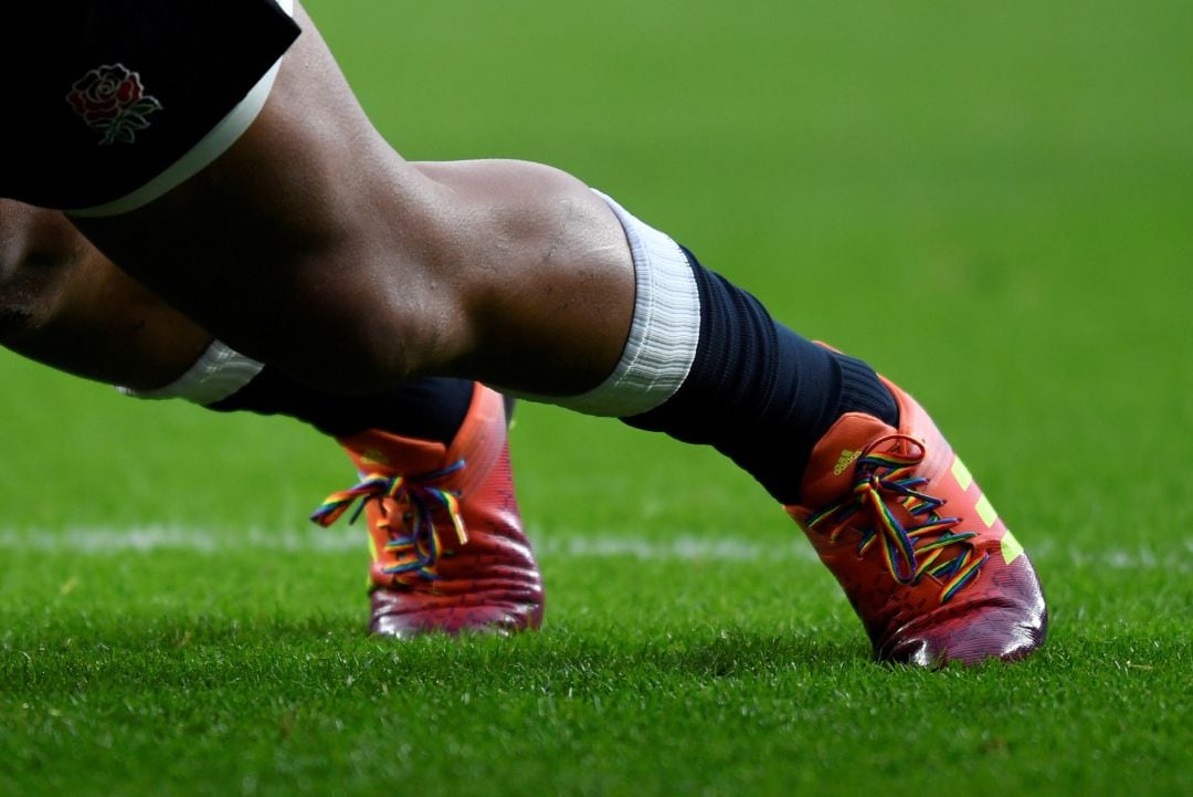 General view of an England player wearing rainbow laces on his boots as part of StonewallÕs annual campaign  REUTERS Toby Melville File Photo