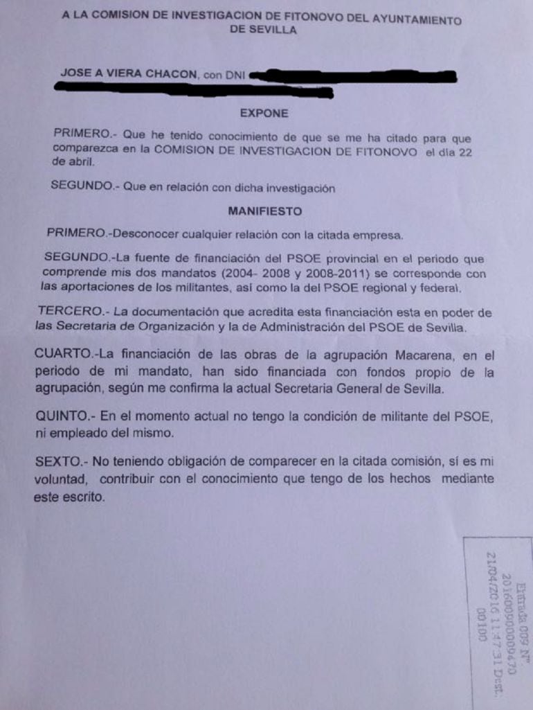 El que fuera Secretario General del Psoe de Sevilla entre 2004 y 2011 excusa su presencia en la comisión de investigación de Fitonovo