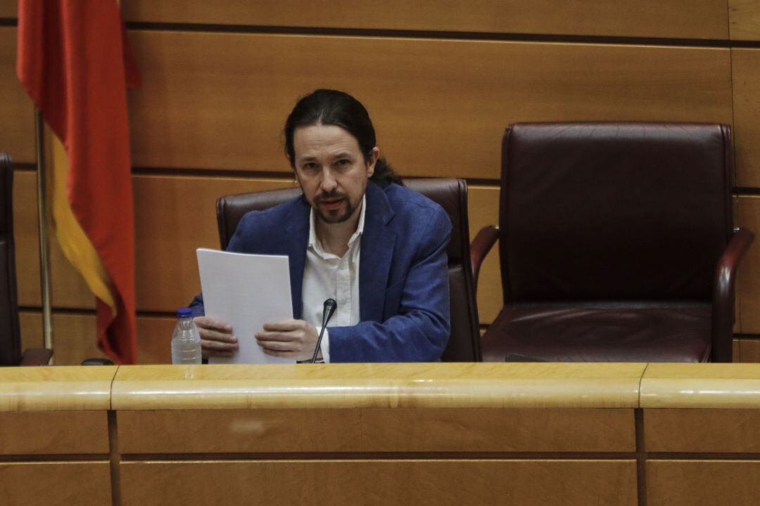 El vicepresidente segundo del Gobierno y ministro de Derechos Sociales y Agenda 2030, Pablo Iglesias, durante su comparecencia en la Comisión de Derechos Sociales para explicar la actuación de su vicepresidencia en la crisis del Covid-19